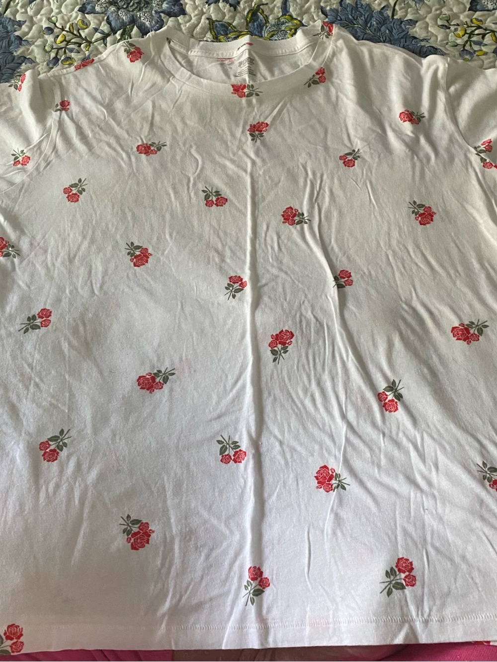 PINK Victoria's Secret White Short Sleeve Tee with Pink Rose Print